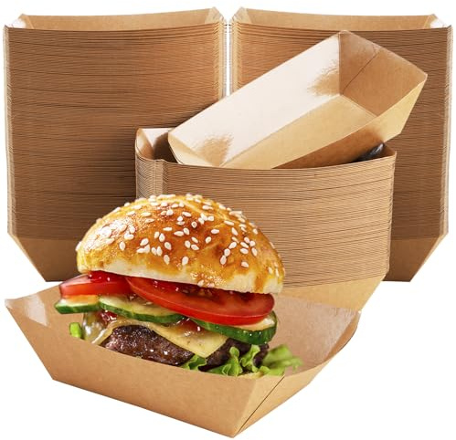 DEAYOU 250 Pack Paper Food Boats, 2 LB Kraft Food Trays Disposable, Grease Resistant Snack Holder Container for French Fries, Nachos, Hot Dog, Tacos, Popcorn, BBQ, Party, Picnic, Concession Stands