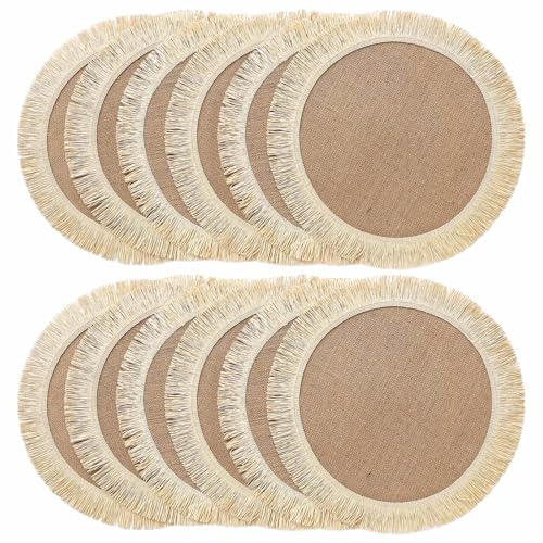 FunWheat Burlap Round Braided Placemats Set of 12 for Dining Tables 15 Inch Heat Resistant Jute Table Mats Farmhouse Woven Fabric Natural Place mats for Fall Decorations Indoor Outdoor(Beige)