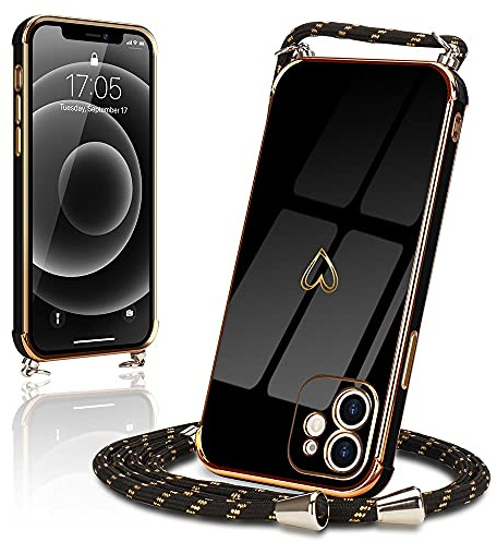 Micoden Handykette für iPhone 12 Hülle Necklace mit Band Herz Design | Kameraschutz Handyhülle Herz Design Galvanik Dünn Silikon Case Bumper Kordel zum Umhängen Stoßfeste Schutzhülle, Schwarz
