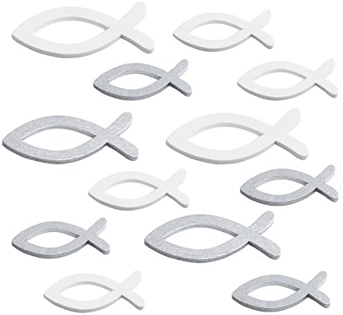 FEPITO 120 Stück Holz Fisch Deko Silber Weiß Fische Streudeko Tischdeko für Taufe, Kommunion und Konfirmation (3,5cm-5cm Gemischte）