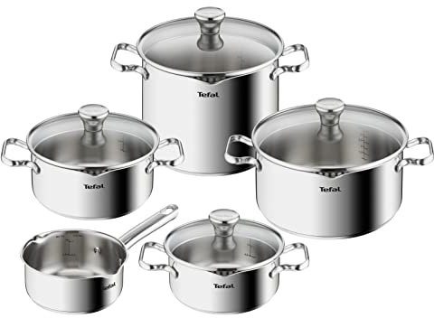 Tefal - Juego de ollas de 9 piezas | Apta para inducción | Acero inoxidable robusto y de | Respetuoso con el medio ambiente | Tapa de filtro | Apto para horno hasta 260 °C