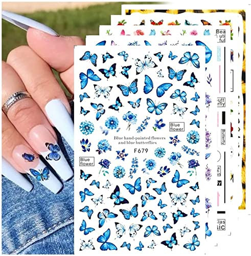 JMEOWIO Nagelsticker Schmetterling 8 Blätter Nagelaufkleber Selbstklebend Blau Schwarz Gold Schmetterling Nail Art Dekoration Nagel Design Zubehör