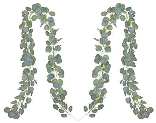 Hitopin Eukalyptus Blätter Deko Girlande, 2PCS Eukalyptus Girlande Künstlich Pflanze, Plastik Pflanze Grün Kunstpflanzen, Künstliche Ranken, für Garten, Hochzeit, Hintergrund, Wanddekoration(2PCS*2M)