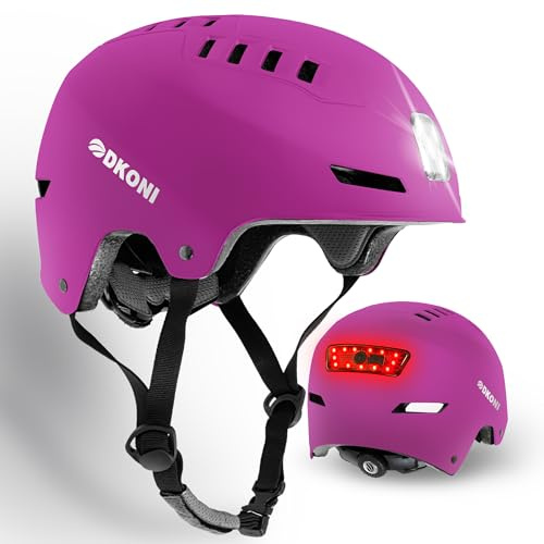DKONI Bike Helmet with LED Lights Bicycle Helmets Commuter Cycling Helmet USB Rechargeable Front & Back LED Light Helmet for Adult Men Women (Pink, L: 22″-24″(56-61cm))