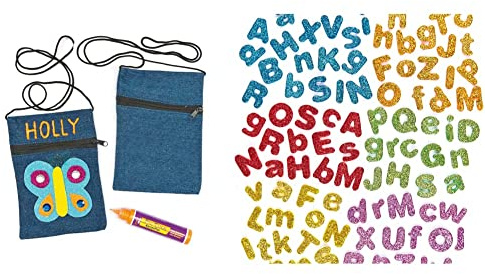 Baker Ross Jeans-Schultertaschen (4 Stück) Blanko-Schultertaschen mit Reißverschluss aus Jeansstoff für Kinder zum Dekorierien & Selbstklebende Schaumstoff-Glitzer-Buchstaben - glitzernd - 850 Stück