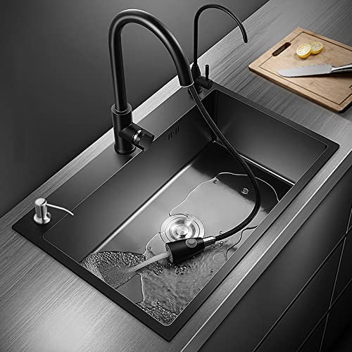 Fregadero de cocina rectangular de acero inoxidable, con orificio para grifo, 50 x 45 cm, incluye dispensador de jabón, sifón