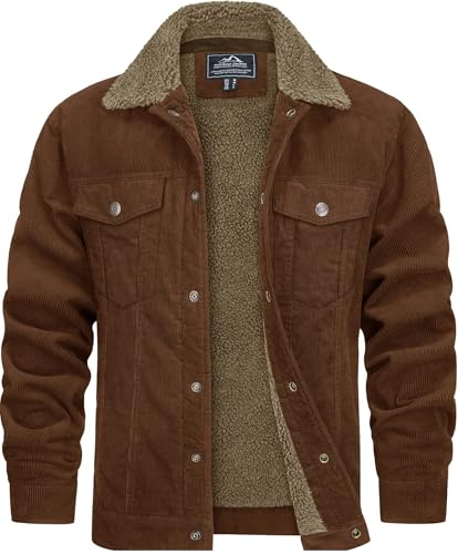TACVASEN Lumberjack Jacket Mens Winter Sherpa Fleece Lined Corduroy Jackets Outdoor Thick Warm Casual Cargo Coat with 5 Pockets Brown, L