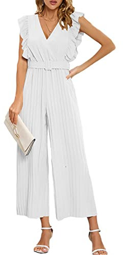 Ausla Eleganter ärmelloser Damen-Overall mit Tiefem V-Ausschnitt, Plissiertem, Geradem Bein, Party-Strampler mit Bund (XXL)