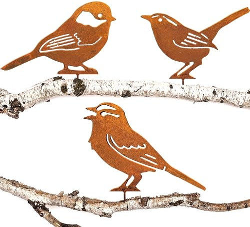 JYUECIAN Oiseaux Rouillé Décoration de Jardin pour Arbre, Patine Rouille Naturelle, Jardin Décoration Fleur Rétro, Mésange, Roitelet, Moineau Domestique