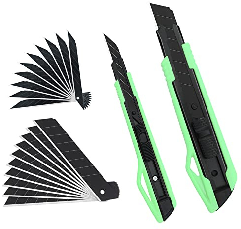 MANUFORE Cuttermesser Set 9 mm & 18 mm, 2 Teppichmesser mit Ersatzklingen | Mit 20 schwarzen SK5-Abbrechklingen für Papier, Karton, Folie, Tapeten, Bastelarbeiten und präzise Schneidarbeiten