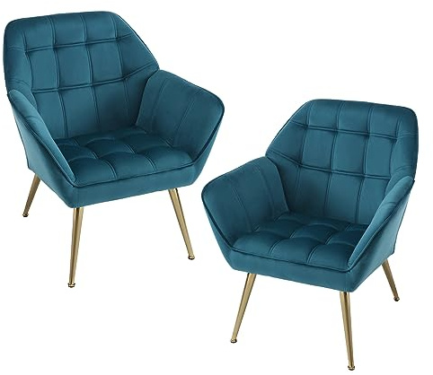 chairus Juego de 2 Sillón de Salón Acolchado con Reposabrazos Butaca Moderna, Sillón Tapizado de Lino Sofá Individual con Patas Metálicas Doradas para Salón/Dormitorio, Azul
