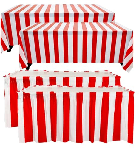 Carnival tavolo panni 4pcs/set gonna da tavolo a strisce bianche rosse 4x9ft. ＆ 14x2ft..Decorazioni per feste a tema Circus impermeabile per festa di circo, notte del cinema, compleanno per bambini,
