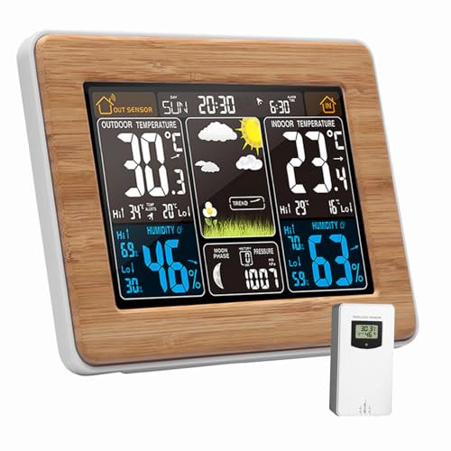 Station météo numérique sans Fil avec capteur extérieur - Thermomètre intérieur et extérieur avec Heure, Date, température, humidité, baromètre, Alarme, Affichage des Phases de la Lune (bambou)