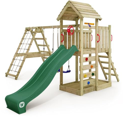 WICKEY Tour de Jeux RocketFlyer avec balançoire & Toboggan Vert, Tour d'escalade pour Enfants avec bac à Sable, échelle & Accessoires de Jeu pour Le Jardin