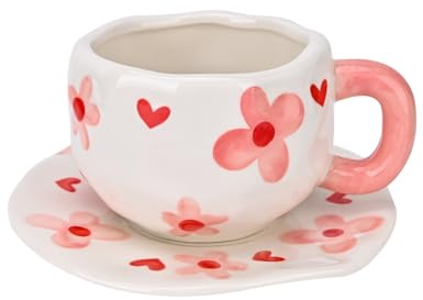 Koythin Juego de taza de café de cerámica con platillo, bonita taza creativa de flores rosas, diseño único irregular para oficina y hogar, 300 ml para té con leche