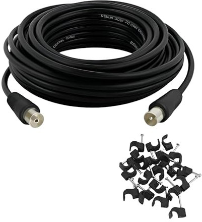 Reulin Cavo coassiale lungo per antenna TV, 1 m, HDTV DVB-T DVB-T2, radio DAB, con clip, maschio a femmina, sottile, 3C2V RF, nichelato, nero, 1 metro