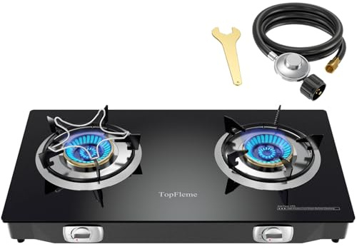 TopFleme 2 Burner Propane Stove 27,200 BTU High-Efficiency Tempered Glass Auto-Ignition Gas Burner Stove Top with CSA Hose for Outdoor RV Camping Emergency Cooking