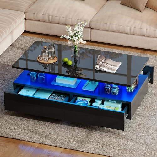 DWVO Tavolino Salotto, Tavolino Soggiorno Moderno Dotato di Striscia Luminosa LED Regolabile a 16 colori, Tavolo Basso da Salotto con 4 Cassetti, Superficie Lucida 90x55x41,1 cm