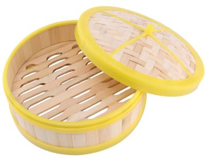 Ciieeo 1 Set Steamer Basket 20cm Bamboo and Yellow Rim Single Tier Basket with Lid Suitable for Cooking Dumplings Bun Vegetable Rice Practical Steamer