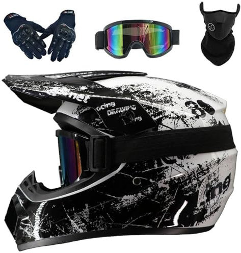 Helm Motocross Helm Kinder Erwachsene mit Schutzbrille Handschuhe Gesichtsbedeckung DOT-zugelassen(#White,L(56-57cm))