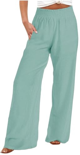 Dajowake Leinenhose Damen Leichte Sommerhose Leinen Baumwolle Freizeithose Lange Gerades Bein Hose Hohe Taille Marlenehose Elastischer Bund Stoffhose Sommer Musselin Hose mit Taschen Strandhose