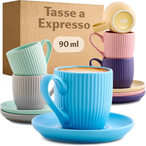 Cosumy Tazzine Caffe Espresso Moderne con Piattino - 6 Tazze 90ml con Manico - Unico disegno a righe - Ceramica Colorate Opaca - Lavabili in lavastoviglie
