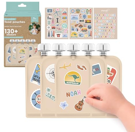 Cherub Baby On The Go Lot de 5 pochettes autocollantes réutilisables anti-déversement et anti-fuite pour stockage des aliments pour bébé 150 ml (Big Explorer)