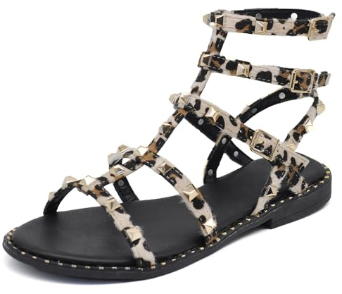 IF Fashion Scarpe Sandali Gladiatore Stivali Estivi da Donna Con Borchie Animalier YE-701 M101 nero/leopardato N.39