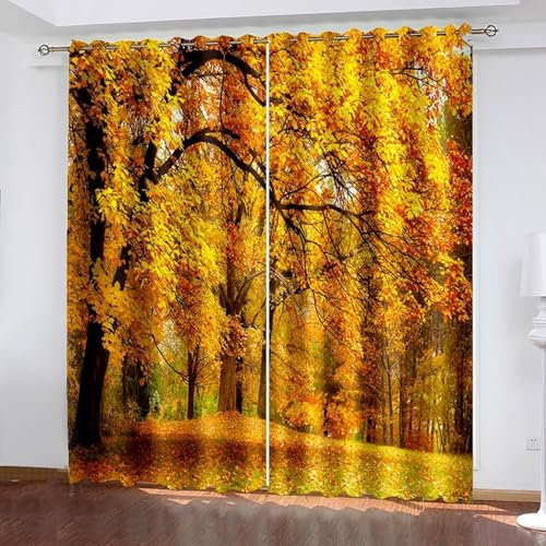 Lirzxin Blickdichter Vorhang 214 cm Lang, Verdunkelnde Vorhänge mit Ösen 2er Set Gelb Orange Ahornbaum Wald Landschaft Gardinen für Kinderzimmer Wohnzimmer Schlafzimmer, 214x214 cm(BxH)