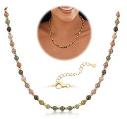 Adramata Collier Pierre Naturelle Femme Colliers de Pierres Naturelles 5MM Colliers de Perles en Acier Inoxydable 3MM Collier de Cristal Plaqué Or Ajustable Boho Cadeau Femme avec Boîte Cadeau