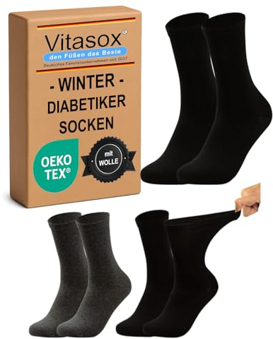 Vitasox Damen & Herren Wollstrumpfsocken für Diabetiker 2 Paar – warme & venenfreundliche Wintersocken aus 42% Wolle mit Komfortrand – dehnbar gegen Einschneiden & Drücken, 41223