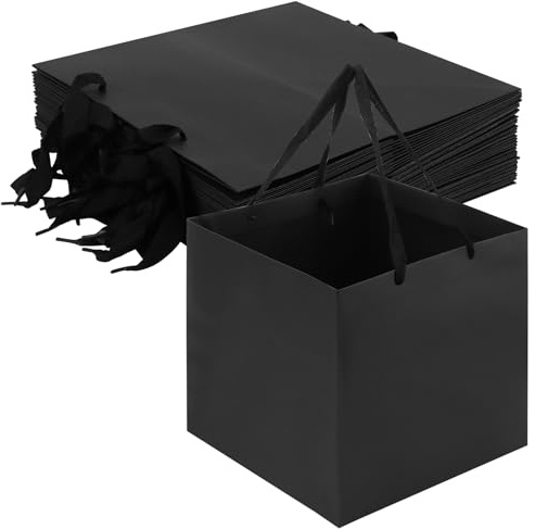 FUNSUEI 16 Stück Schwarze Papiertüten mit Griffen, 30 x 30 x 30cm Papiertüten Quadratischer Boden, Quadratische Geschenktüte für Geschenke, Shopping, Partys