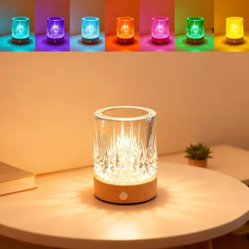 Kleine kreative Kristall-Tischlampe mit RGB-Farbwechsel-Nachtlicht Massivholzsockel, Touch Control & wiederaufladbar, ideal als romantische Geschenke für Schlafzimmer oder Wohnzimmer Dekoration