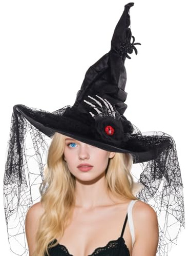 Gwtdtoad Halloween Hexenhut Für Damen, Gothic Vintage Hexenhüte Breiter Krempe Spitzer Hexen Hut Mit Fingerknochen Und Schwarze Spinne, Halloween Dekoration Für Partydeko 40 X 43 Cm
