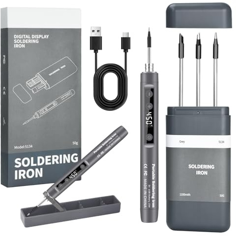 VOKTTA Akku Lötkolben Set mit Ständer&LCD Display, Mini Lötkolben Akku, Einstellbare Temperatur 180-450°C, 3 Lötspitzen, USB Lötstation Geeignet für Reparatur Leiterplatten, Schweißreparaturen - Grau