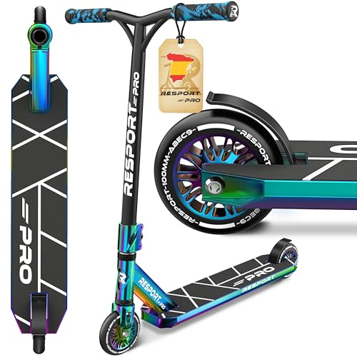 RE:SPORT® Stunt Scooter REVO PRO für Kinder & Erwachsene mit Ständer | Profi Stuntroller 110mm PU Wheels & Y-Bar | Stuntscooter Kickscooter ABEC 9 Kugellager | Tretroller Trickroller (Rainbow Blaze)