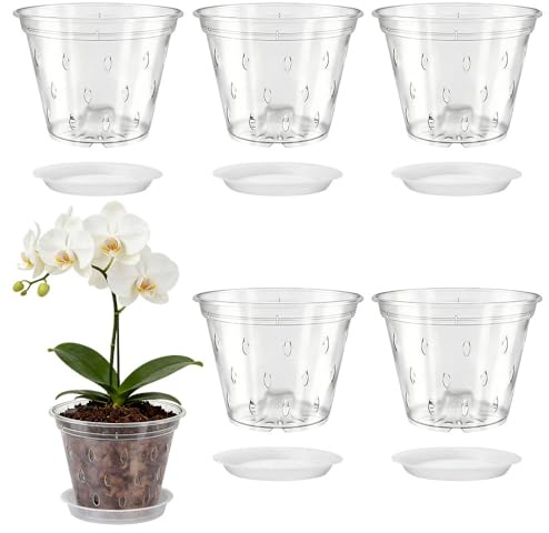 Weciau Clear Orchid Pot, 6 Pack 14cm Plastic Flower Pots with Saucer and Drainage Holes, Breathable Slotted Nursery Pots for Orchids, Succulents, Houseplants, Indoor and Outdoor Use