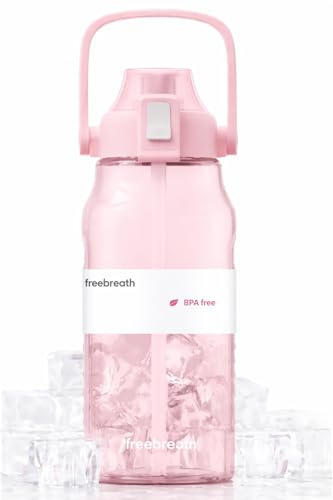 Brebreath 2L Sports Water Bottle with Straw, BPA Free Tritan, Pop-Up Dust Cover, 2-in-1 Spout, Lock/Unlock Button, Carry Handle, White/Pink (Pink)