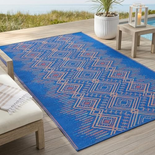 FAB HAB Outdoor-Teppich - wetterfest, farbecht, wendbar - recycelter Premium-Kunststoff - Südwest Boho - Terrasse, Balkon, Garten - Kunststoffteppich Jodhpur Blautöne, 150x240 cm