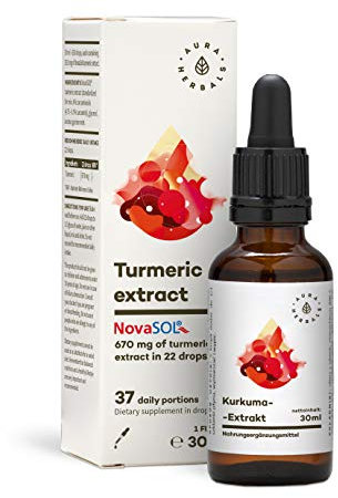 AURA HERBALS® Kurkuma Extrakt - hochdosiert 830 Tropfen NovaSOL® - Curcuma - 7500mg Curcuminoide - 185x höhere Bioverfügbarkeit (24g Kurkuma in 30 ml) - VEGAN - Curcumin flüssig ohne Magnesiumstearat