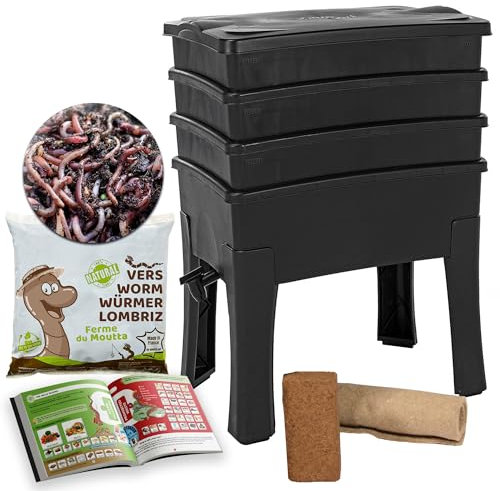 WormBox I Worm Café, Lombricomposteur 3 Plateaux I 500gr de vers de Compost I Kit Complet I Grande capacité 96 litres