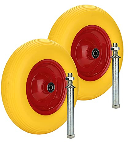 EINFEBEN 2x Sackkarrenrad PU Schubkarrenrad Vollgummi 4.80/4.00-8 Ø 390mm 200 kg inkl.Pannensichere Vollgummireifen mit Achse, Gelb-Rot