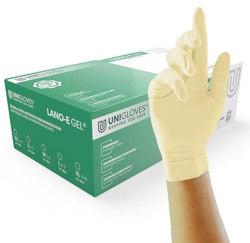 UNIGLOVES - Pflegender LANO-E-GEL® Latexhandschuh | Puderfrei | Mit Vitamin E & Lanolin | für Krankenhäuser, Arztpraxen & Kosmetikstudios | 100 Stück | Einmalhandschuh M | Puderfrei, Mit Vitamin E & Lanolin, für Krankenhäuser, Arztpraxen & Kosmetikstudios, 100 Stück, Einmalhandschuh M