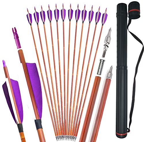SHARROW Carbonpfeile 32 Zoll Carbon Pfeile für Bogenschießen Spine 500 Carbon Pfeile Carbon Jagdpfeile mit 4 Zoll Natürliche Federn Pfeile für Pfeil Bogen Recurvebogen Compoundbogen (Köcher +12Pfeile)