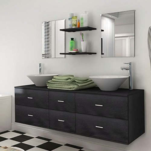 Leepesx 7-TLG. Badmöbel und Waschbecken Set, Doppelwaschplatz, Badezimmermöbel, Hängeschrank Möbel, Komplett, Handwaschbecken, Badschrank, Schwarz