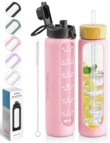Nefeeko Glaswasserflaschen mit Strohhalm, motivierende Zeitmarkierung, BPA-frei, auslaufsicher, wiederverwendbar, Glaswasserflasche mit Silikonhülle, Bambusdeckel, Auslaufdeckel, 907 ml