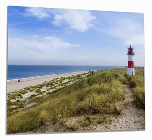 Wallario Herdabdeckplatte/Spritzschutz aus Glas, 2-teilig, 60x52cm mit 8mm hohen Füßen, für Ceran- und Induktionsherde, Am Strand von Sylt Leuchtturm auf der Düne Panorama