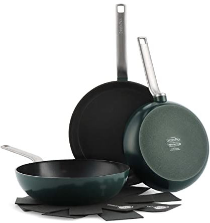 GreenPan Evolution Set di padelle, padelle e wok in ceramica non antiaderente anodizzata dura, 3 pezzi, senza PFAS, induzione, lavabile in lavastoviglie, forno, verde pino