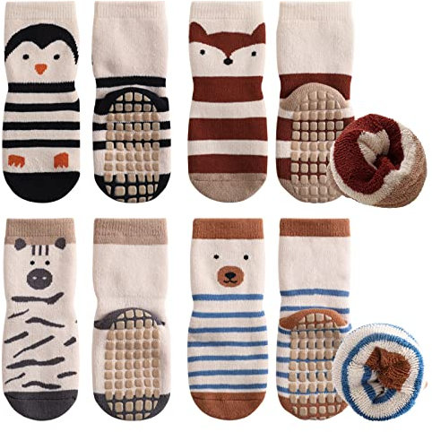 Simpeak Chaussettes Antidérapantes Bébé Épais et Chaud Lot de 4 Paires Unisexe Chaussettes Thermiques Chaussettes Antidérapantes Enfant (1-3 ans),Style 1, M