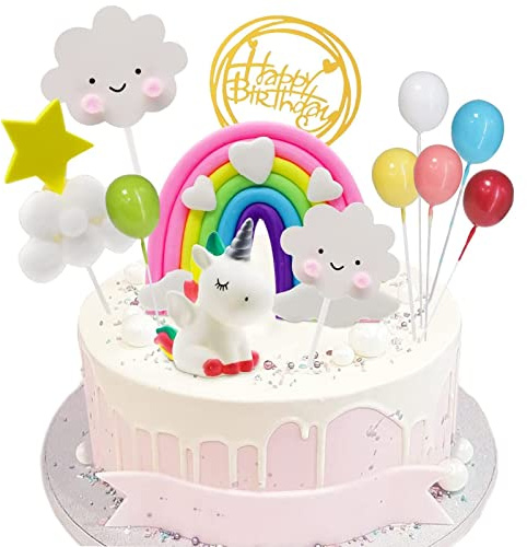 Morofme Einhorn Tortendeko 12 Stück, Regenbogen Kuchendeko Partydeko | Torten Deko mit Happy Birthday Cake Topper, Wolken Kuchen Deko, Tortendeko Kugeln für Geburtstag Taufe Babyshower Themenparty